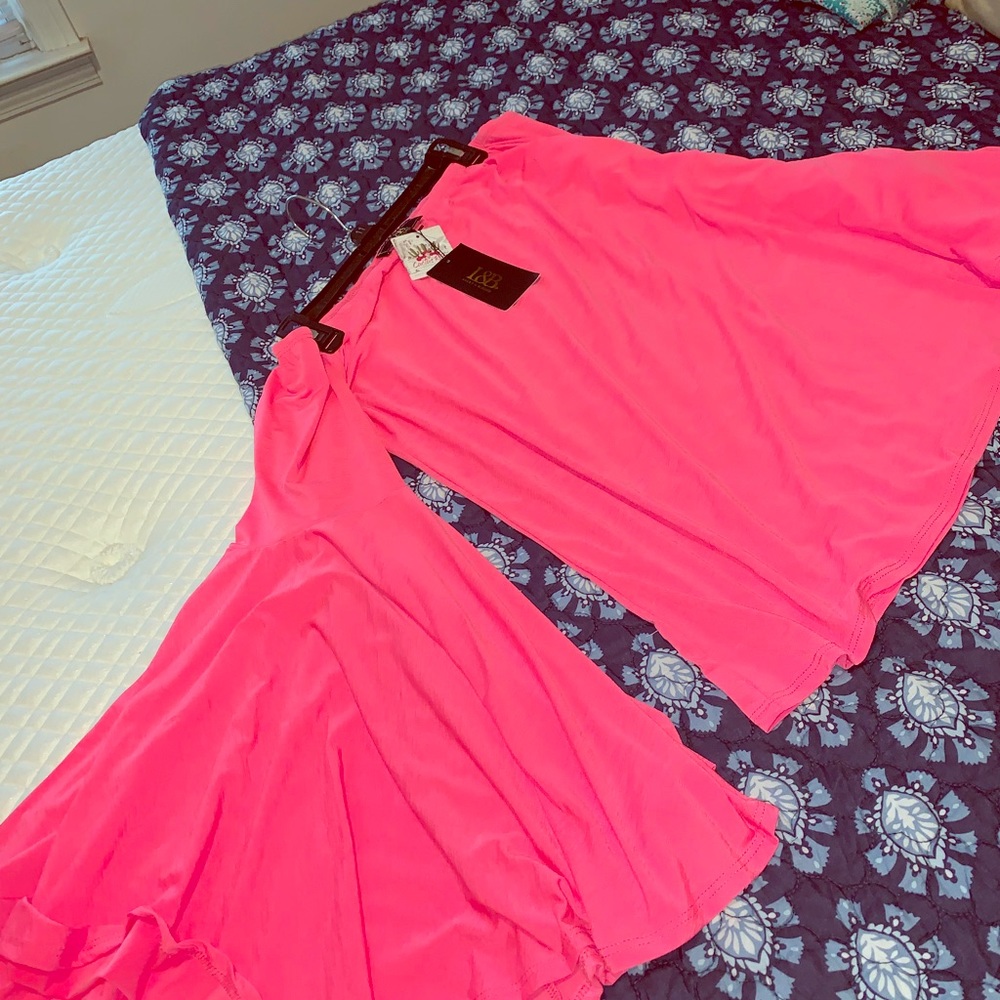 Neon Pink off the shoulder Mega Bell sleeve Top